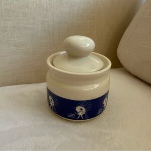 Vintage Morton Ceramic Cream and Blue Lidded salt cellar jar umbrella girl logo